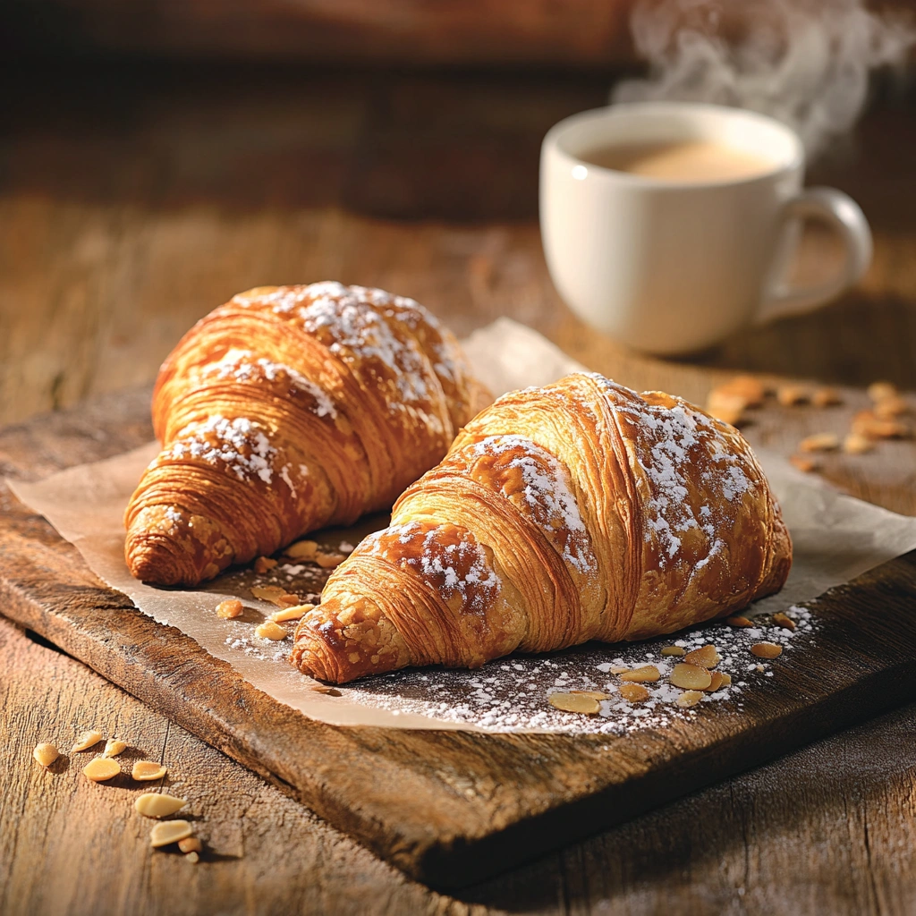 Golden, flaky croissants with powdered sugar on a wooden board, accompanied by a cup of coffee.