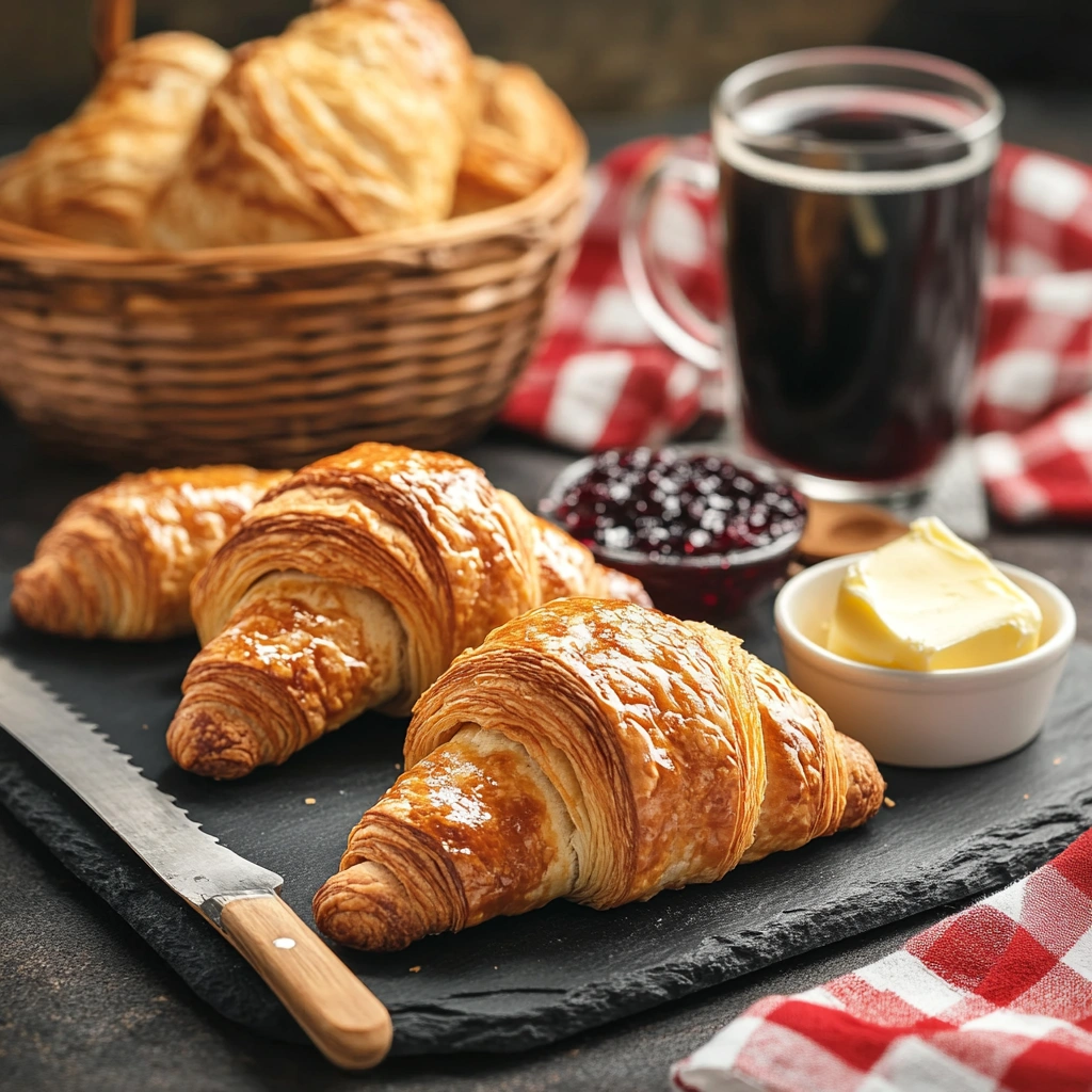 A slate board with a buttery croissant, sliced gipfeli, and wooden spreaders with jam and butter.