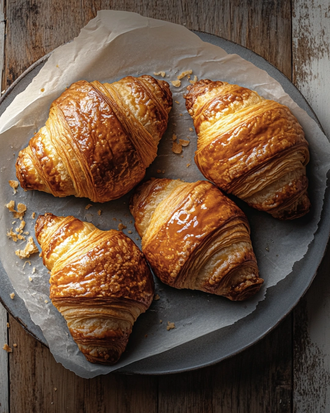 Close-up of flaky croissants with a crispy, layered texture on a wooden surface.