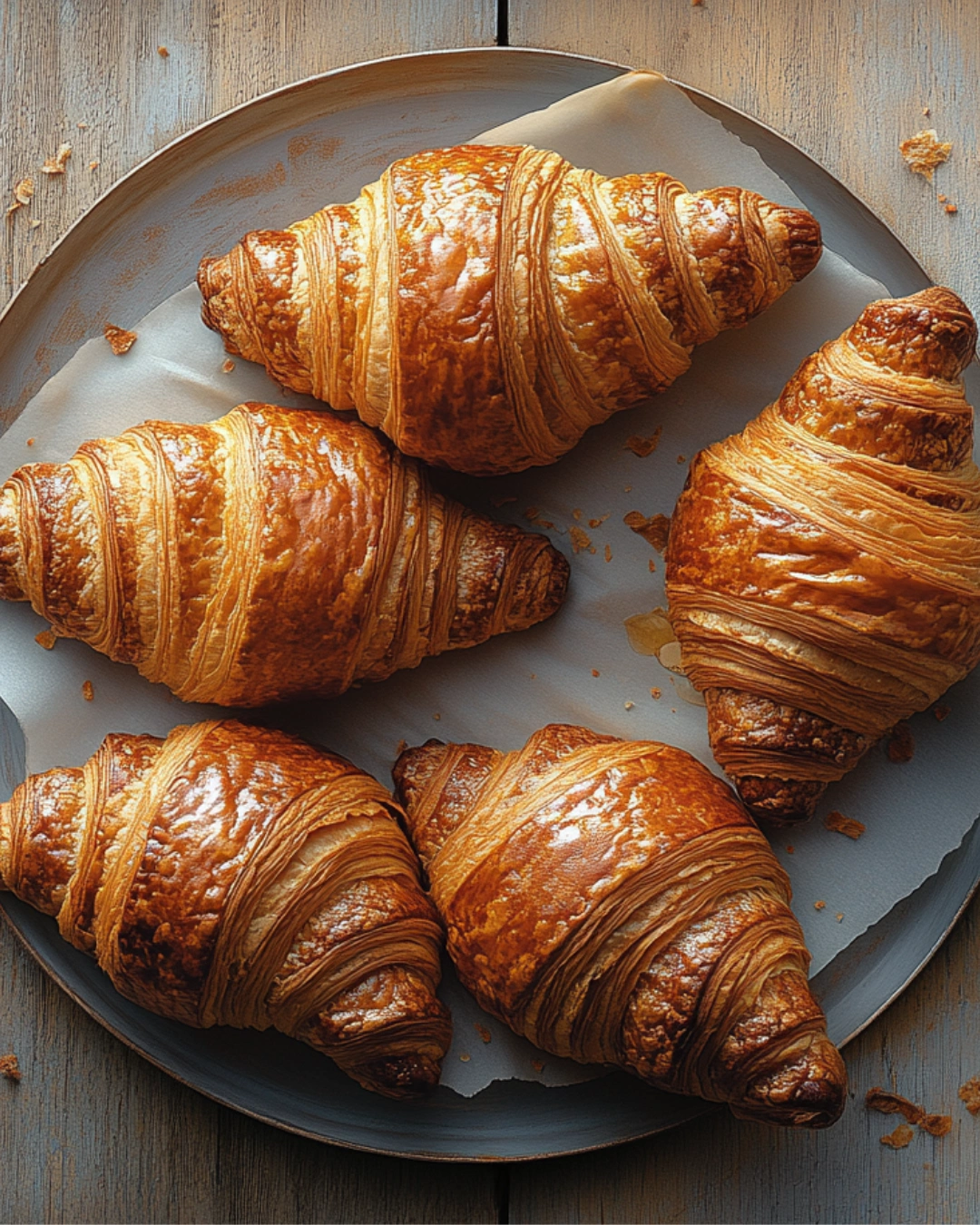 Golden-brown croissants on a parchment-lined plate with scattered crumbs on a gray wooden surface.