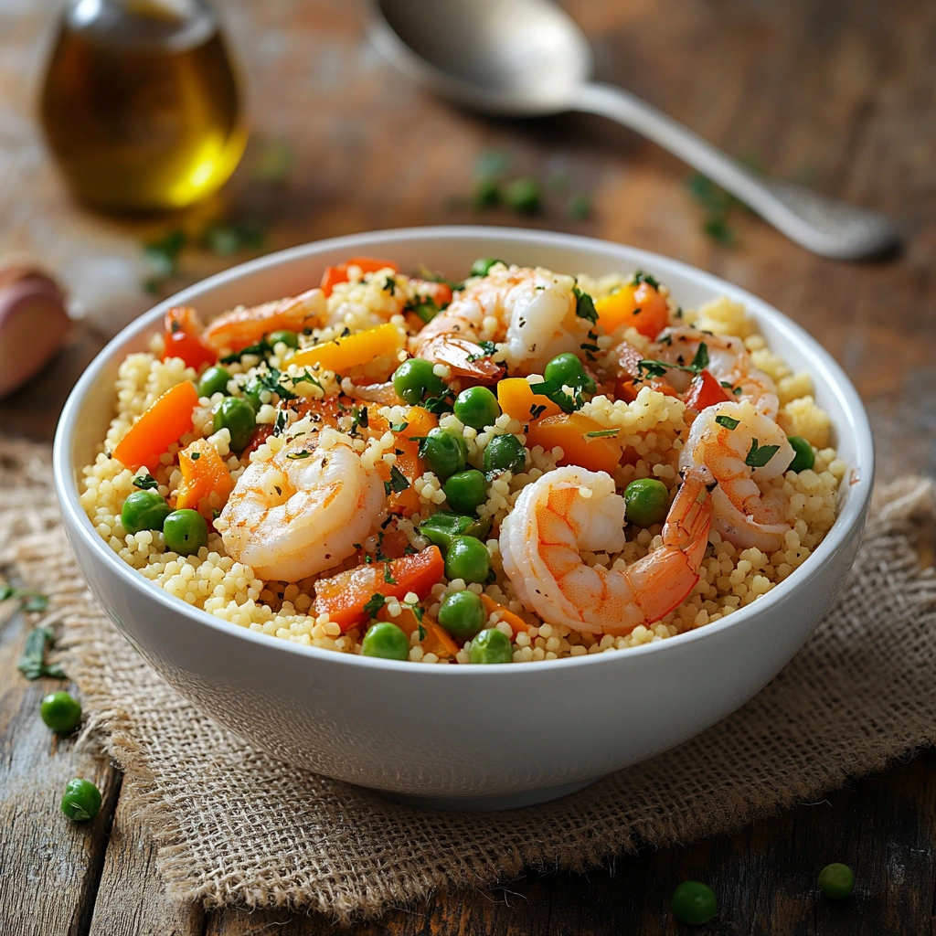 Shrimp and vegetable couscous in a serving bowl.