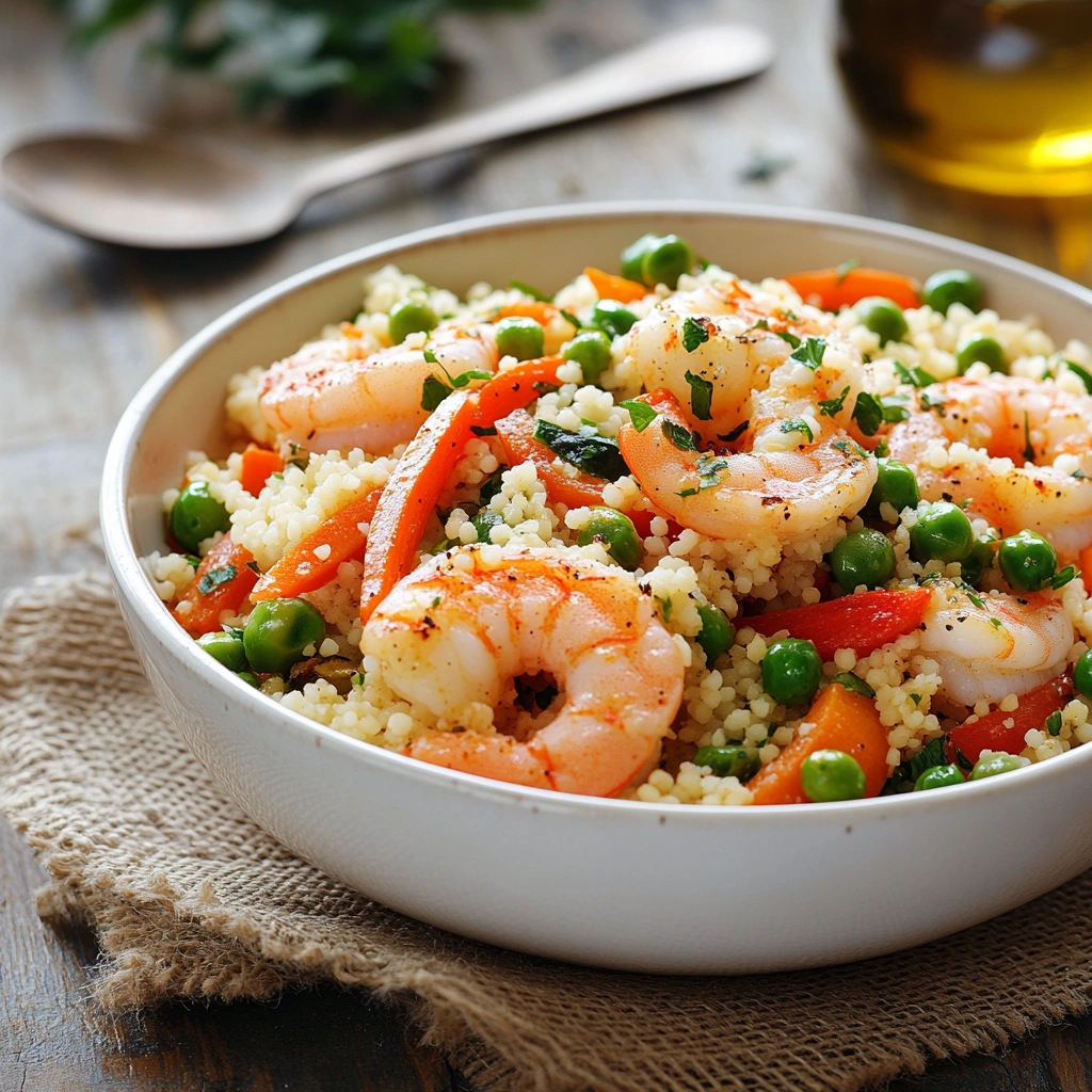 Couscous with peas, carrots, and shrimp in a white bowl