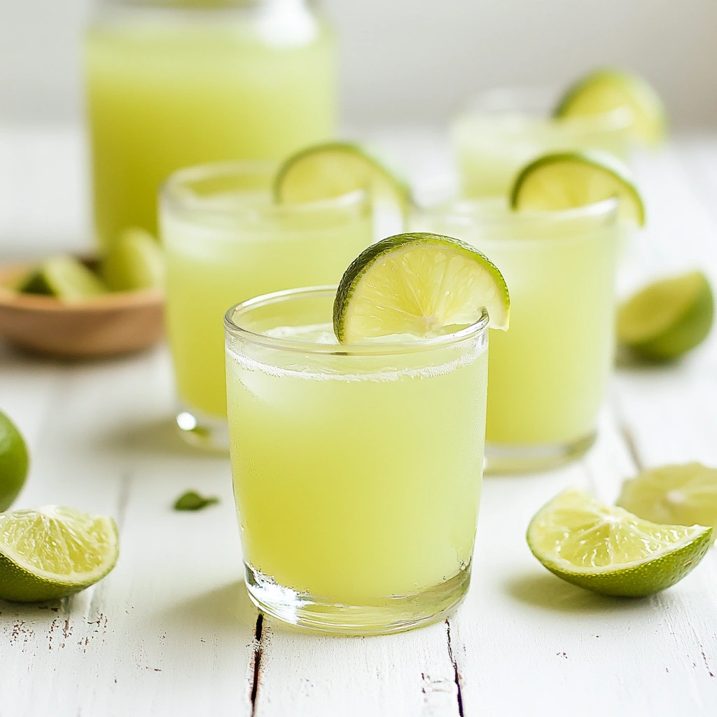 Close-up of three green tea mocktail shots with lime garnishes, next to a jar and an empty glass on a white background.