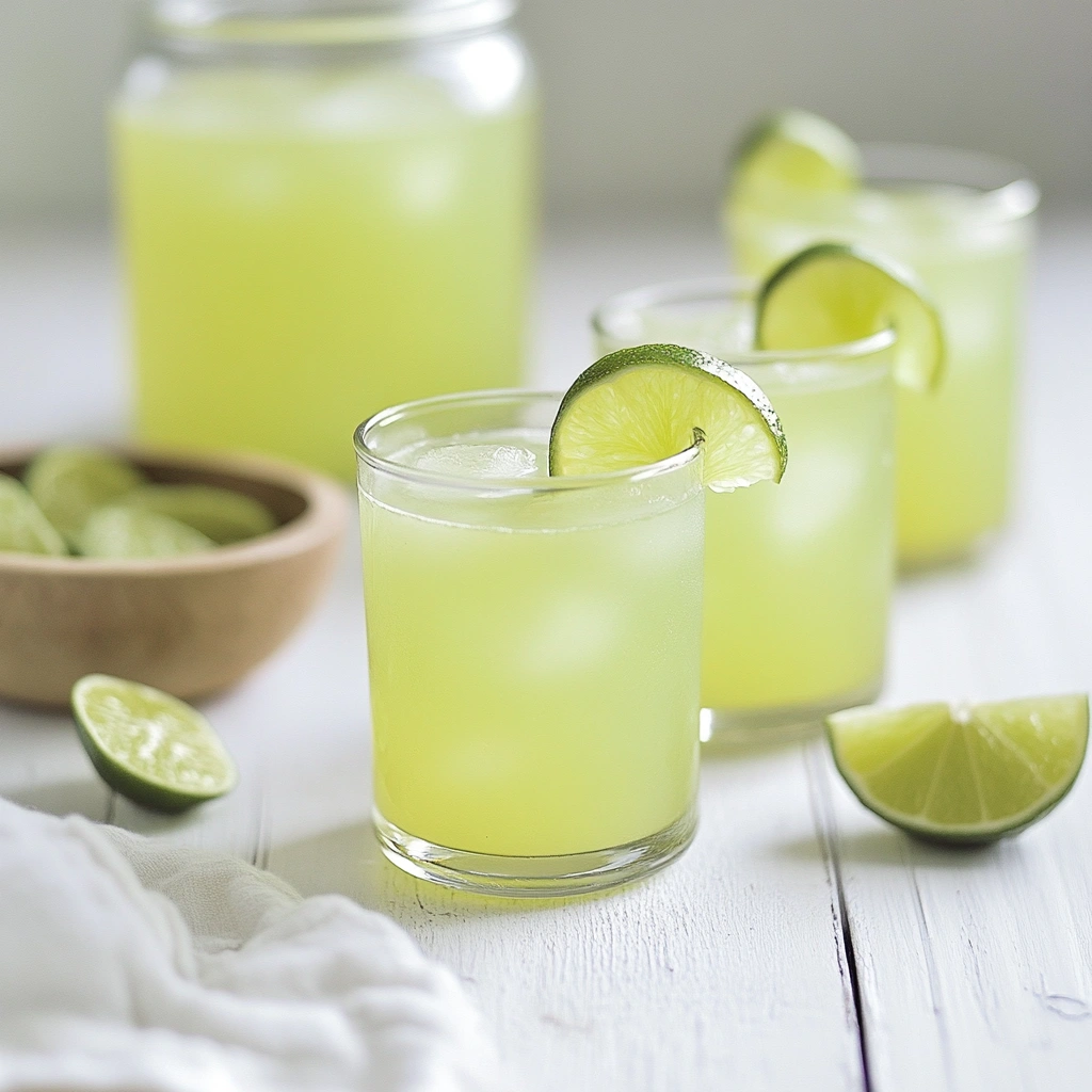 Refreshing pale yellow shots with lime wedges, arranged on a white wooden surface, with a bowl of limes and a jar in the background.