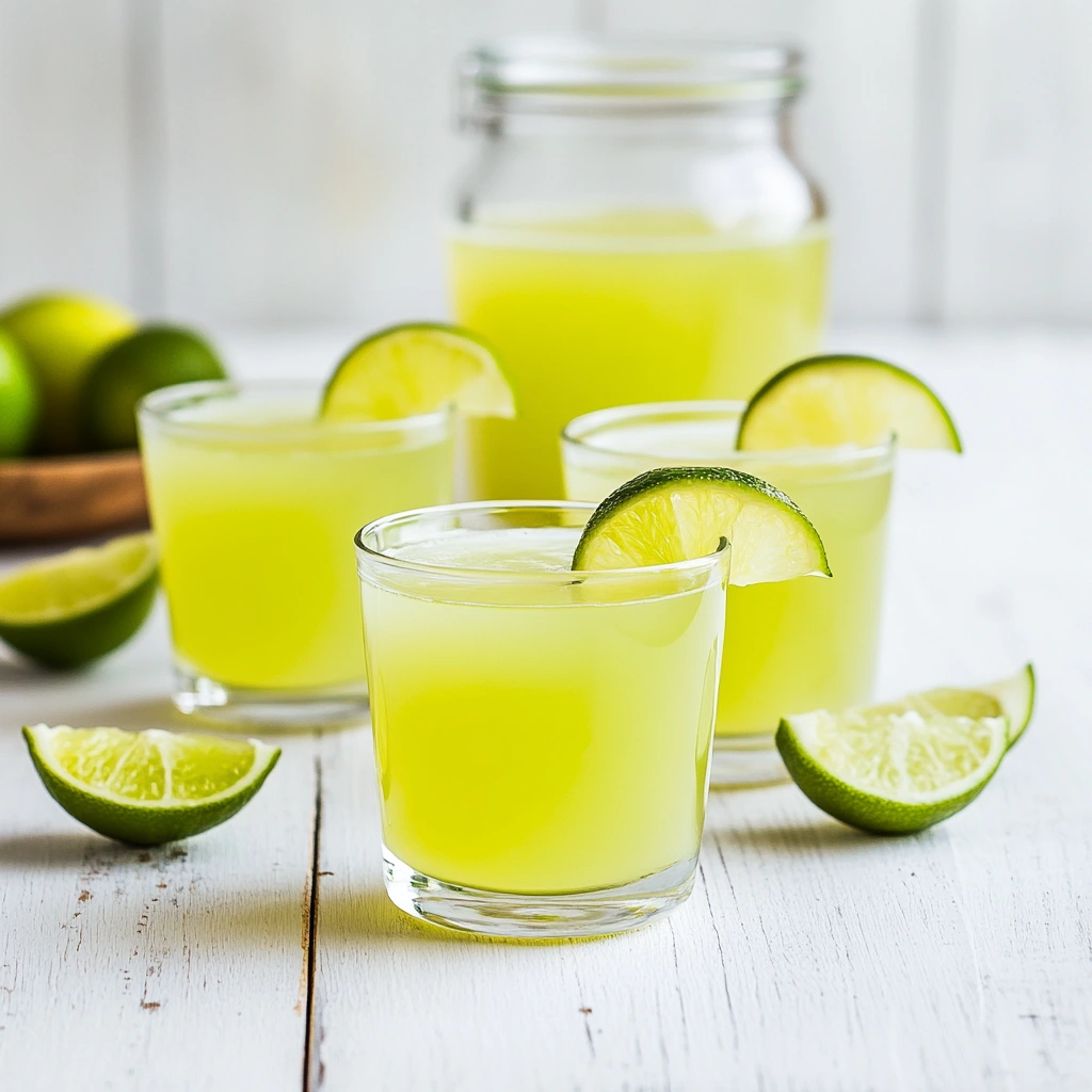 Three shot glasses filled with a pale yellow drink, each garnished with a lime wedge, on a white table with a jar and a bowl of lime slices.