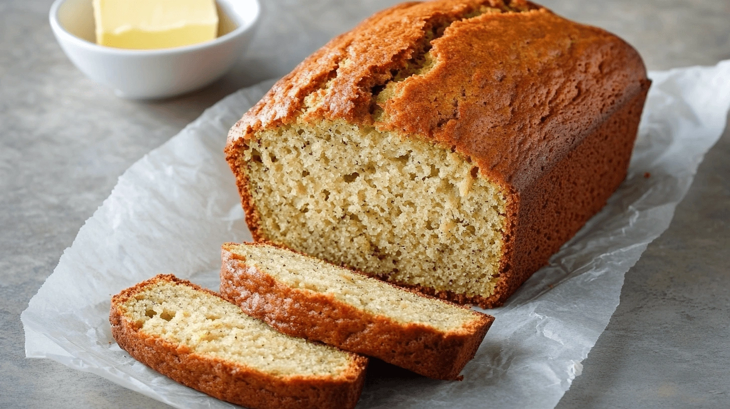 Freshly baked Hawaiian banana bread in a metal loaf pan, topped with a golden-brown crust and set on a wooden board with scattered coconut flakes.