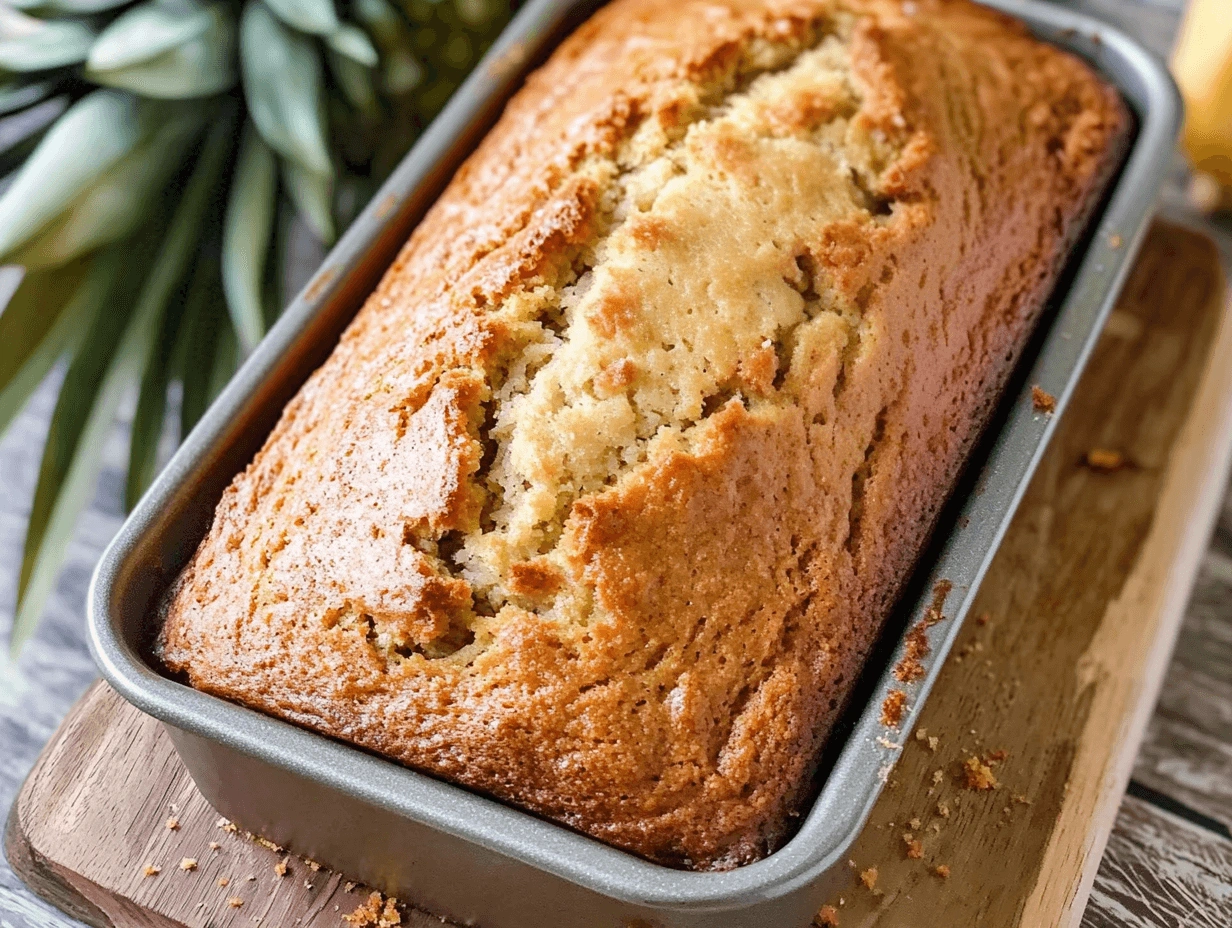 A close-up of moist Hawaiian banana bread with a cracked crust in a baking pan, surrounded by coconut flakes and tropical décor.