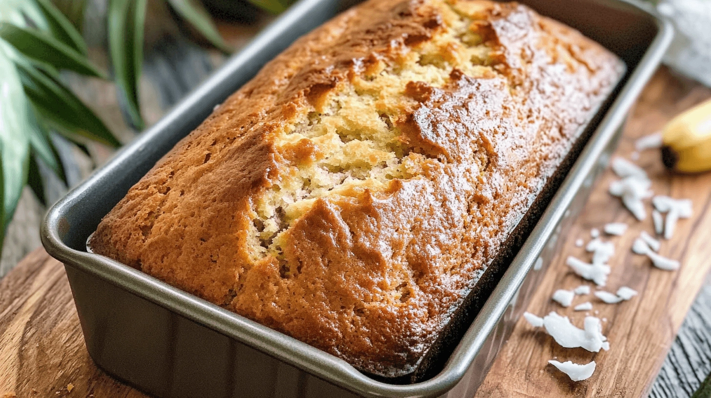 Tropical banana bread with a golden crust in a pan, featuring a soft crumb texture and surrounded by coconut flakes and banana accents.