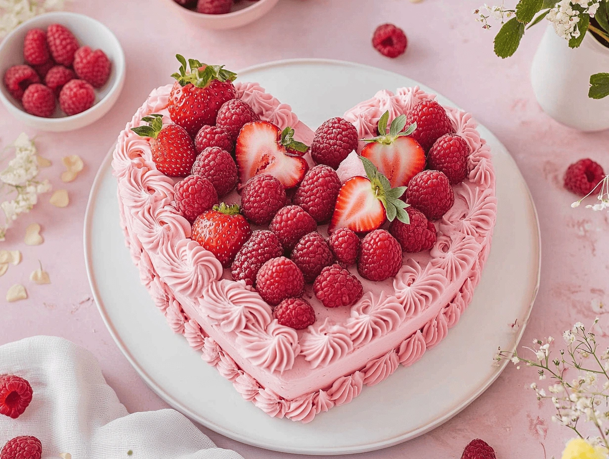 Beautifully designed heart-shaped cake featuring fresh fruits and delicate frosting details on a pastel-themed table setting.