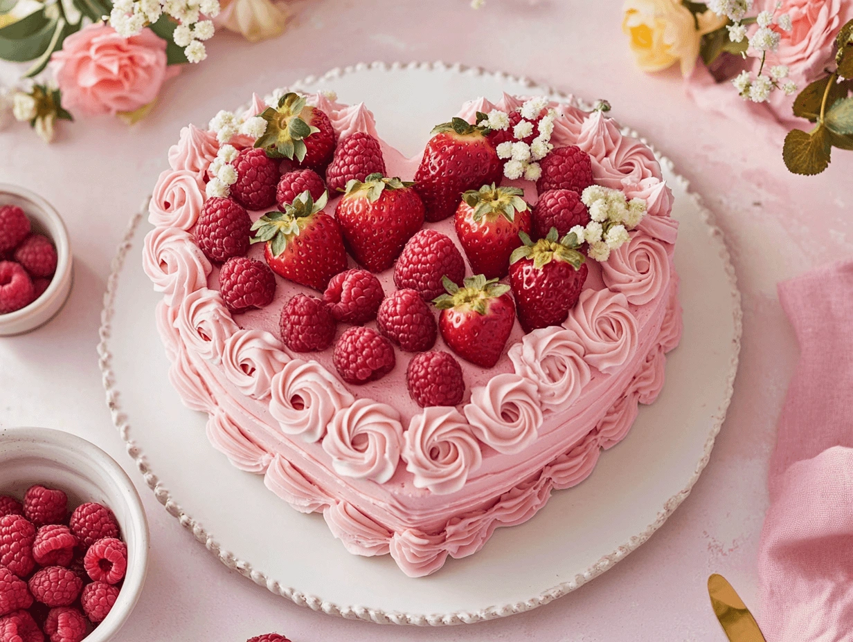 Heart-shaped cake with pink frosting, decorated with fresh strawberries and raspberries, and intricate piping on a white plate.