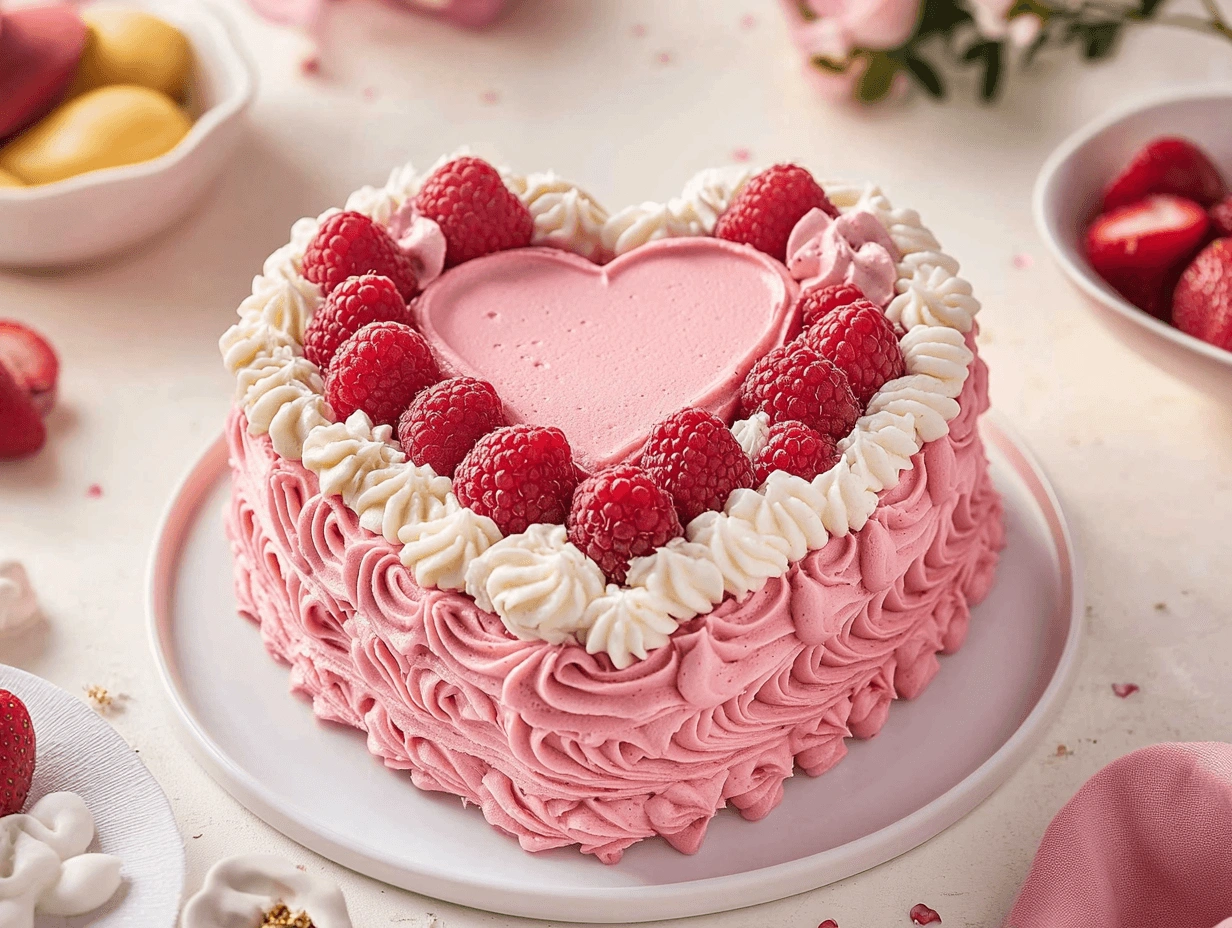 Romantic heart cake topped with vibrant red berries, detailed pink and white frosting, and surrounded by floral and berry accents.