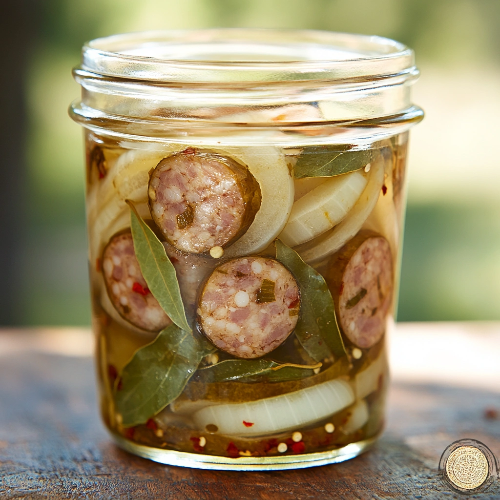 Pickled sausage slices with onion and bay leaves in a mason jar, ready for storage.