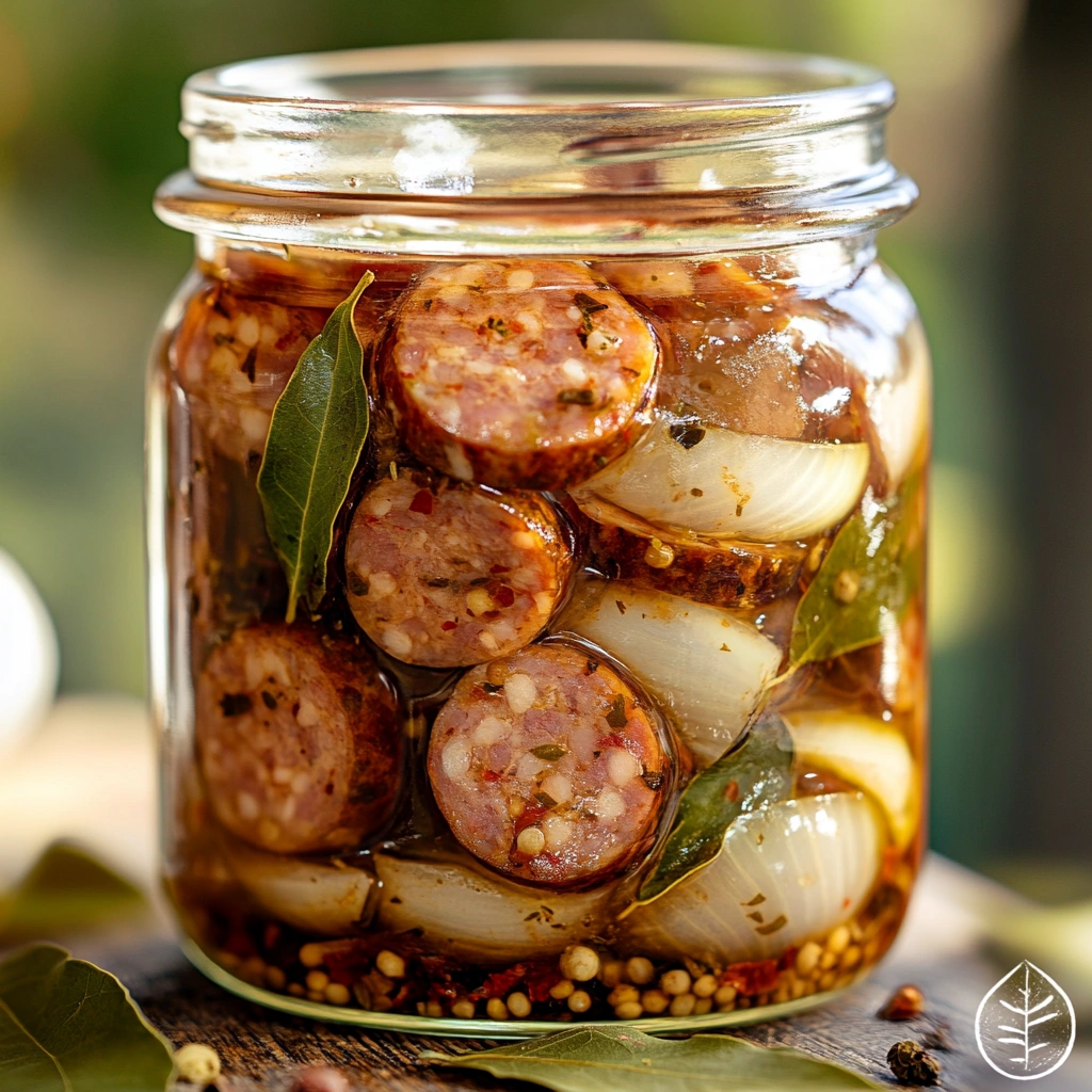 Close-up of a glass jar filled with pickled sausage, onions, and bay leaves submerged in brine.