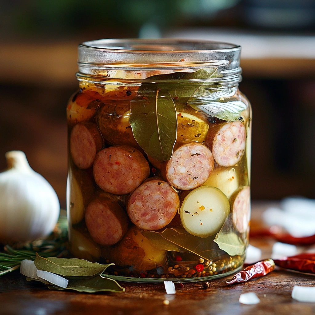 Jar of spicy pickled sausage with onions and bay leaves, homemade preserved snack.