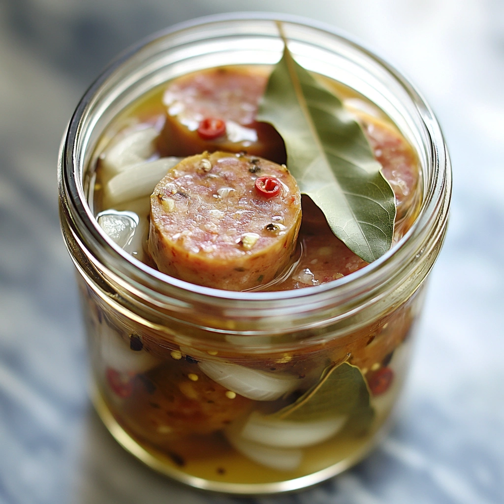Homemade pickled sausage with herbs and spices in a sealed glass jar.