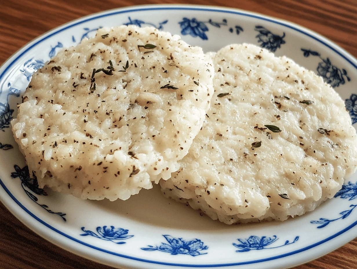 Homemade rice cakes on a white plate with blue floral patterns, lightly seasoned with spices.