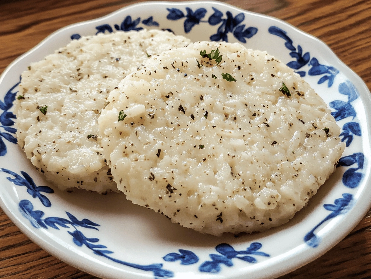 Three rustic rice cakes, served on a decorative plate, sprinkled with herbs and spices.