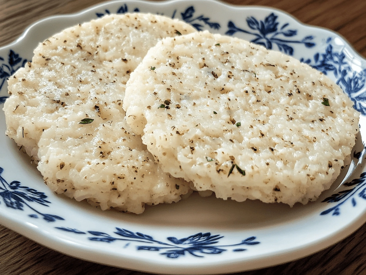 Homemade rice cakes on a white plate with blue floral patterns, lightly seasoned with spices.