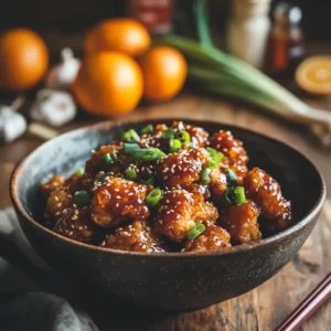 Crispy chicken bites coated in spicy-sweet orange glaze