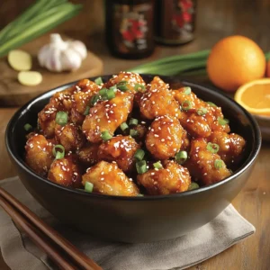 Rustic bowl of orange chicken with sesame seeds and chili flakes.