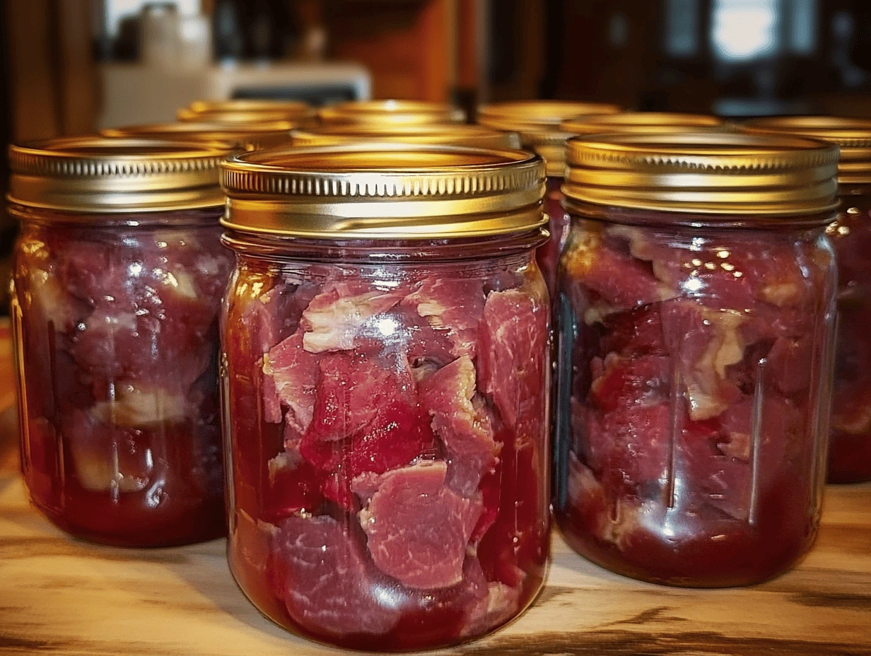 Jars of pickled meat neatly arranged on a wooden countertop, showcasing vibrant red hues and golden lids.