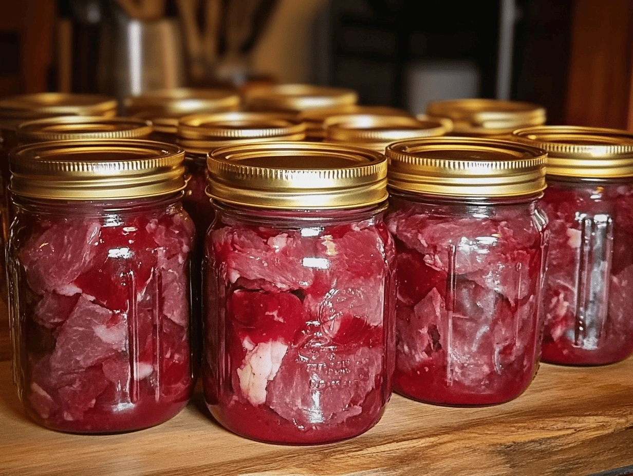 Various jars of preserved meat on a red cloth in a cozy kitchen setting, with different lid styles and rich textures.