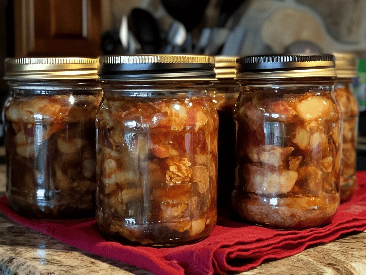 Close-up of sealed mason jars filled with pickled beef and pork, emphasizing the details of the preserved meat.