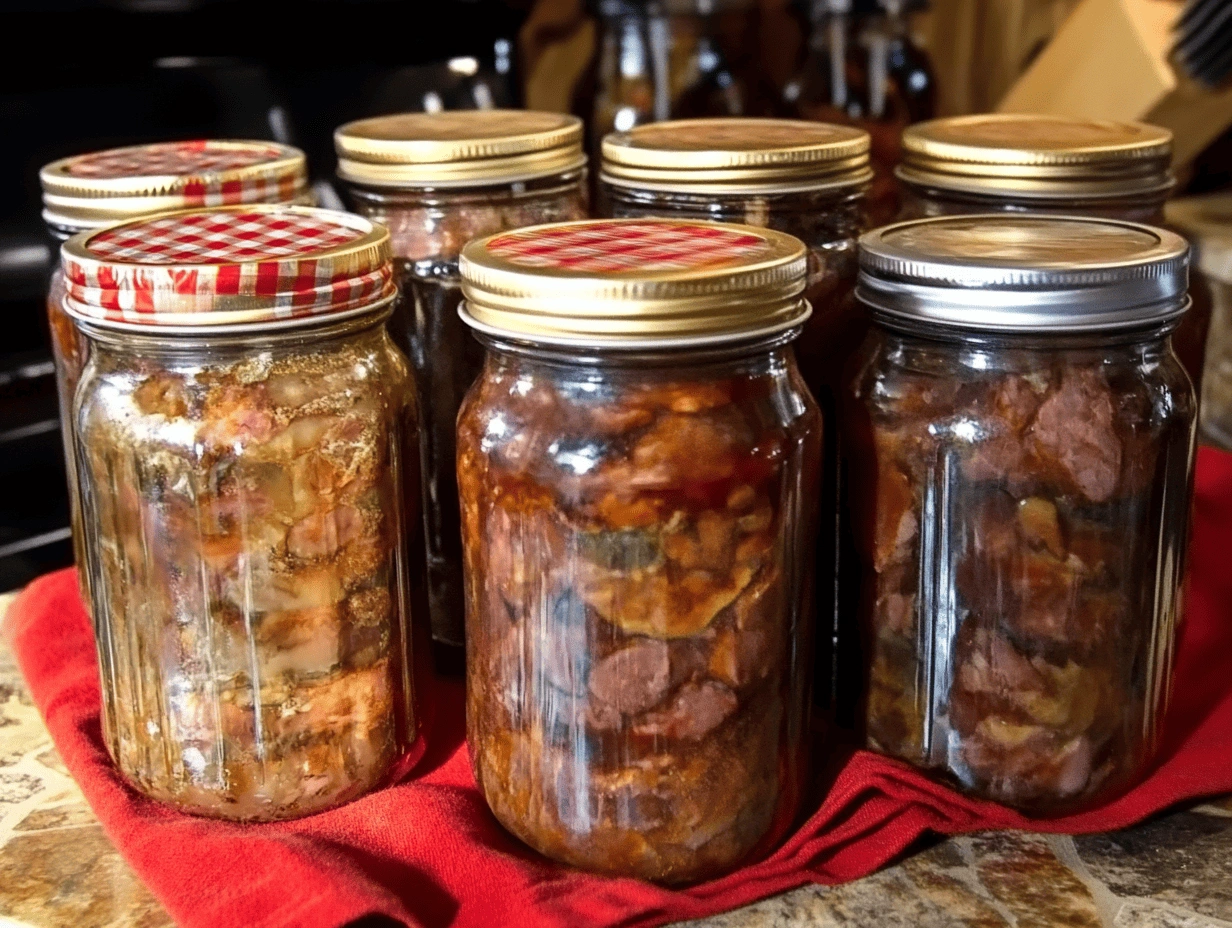 Jars of pickled meat in brine, resting on a rustic countertop with warm kitchen lighting.