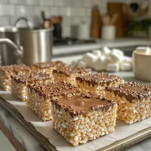 A tray of Rice Krispies Treats drizzled with melted chocolate, surrounded by ingredients like marshmallows, a cup of Rice Krispies cereal, and a saucepan on a clean countertop.