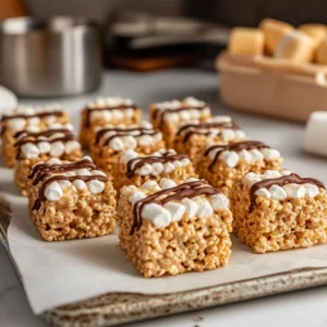 homemade Rice Krispies Treats with a golden, chewy texture, arranged on a wooden tray with marshmallows and a measuring cup of cereal in the background.