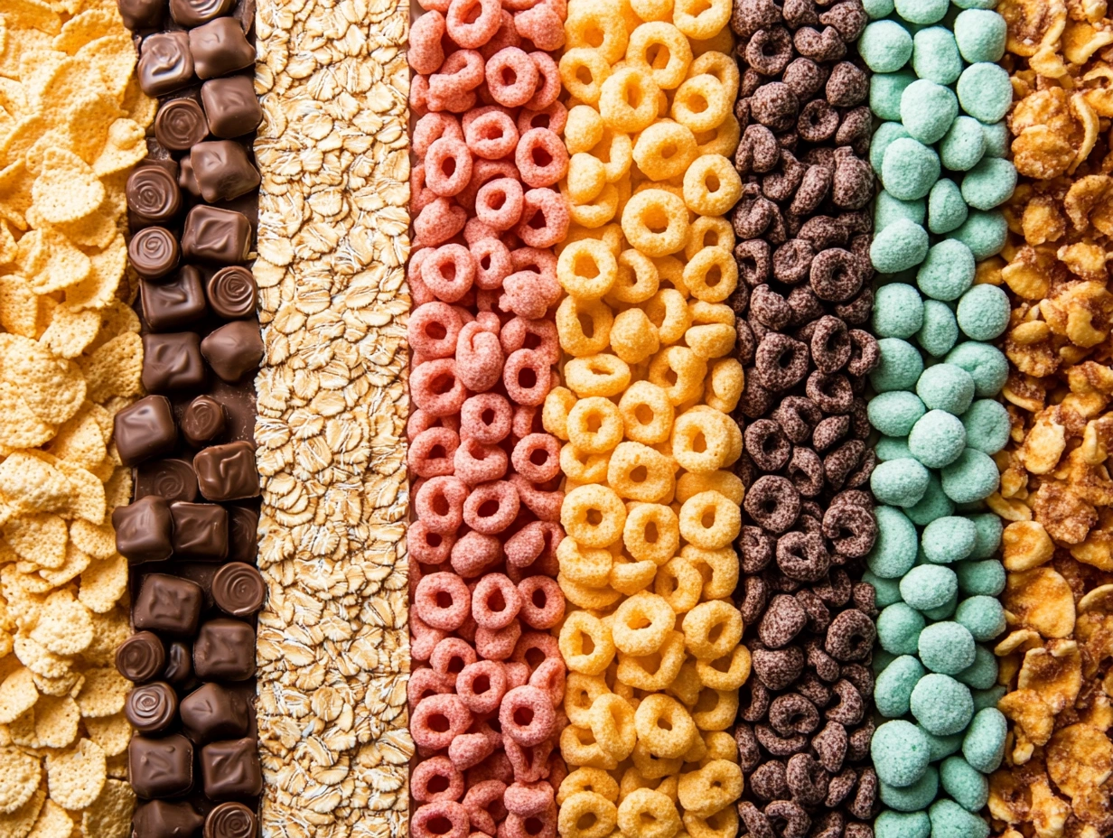 A flat lay image of various types of breakfast cereals arranged in distinct vertical rows, including ring-shaped oat cereal, puffed golden squares, colorful fruit loops, chocolate cereal balls, and corn flakes.