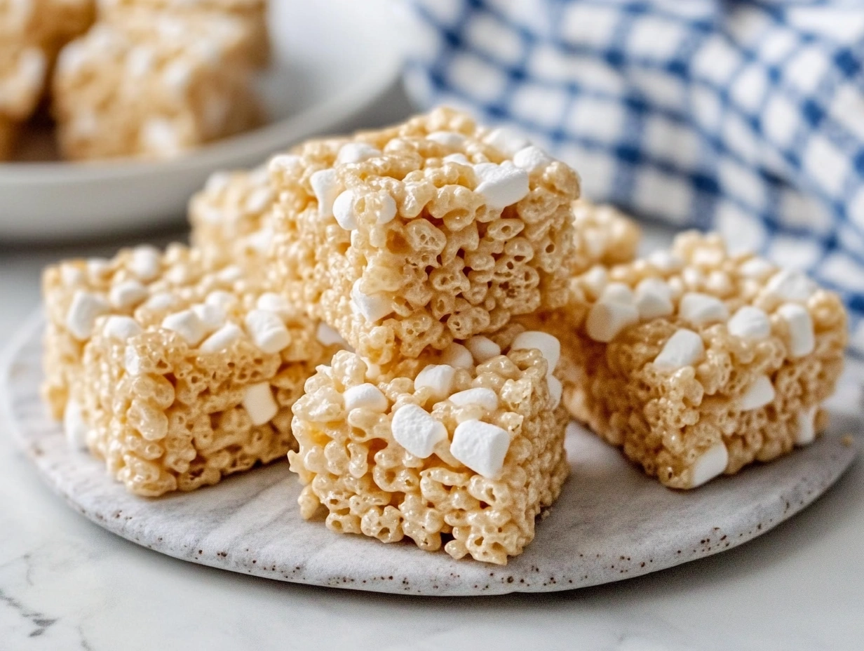 Homemade Rice Krispie Treats on a plate with a checkered cloth on a kitchen counter.