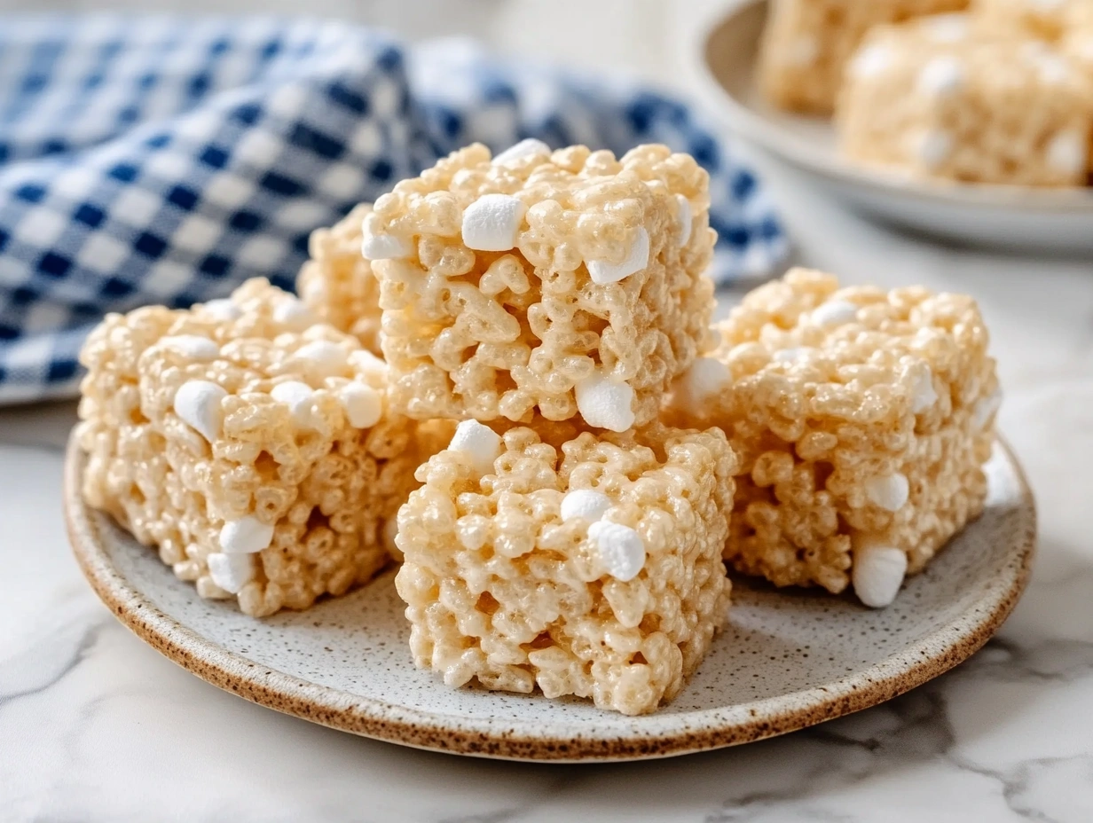 Close-up of Rice Krispie Treats on a marble surface, with a cloth napkin beside them.