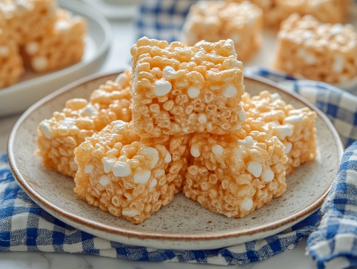 Golden Rice Krispie Treats stacked on a white plate with a blue-and-white checkered cloth on a marble countertop.