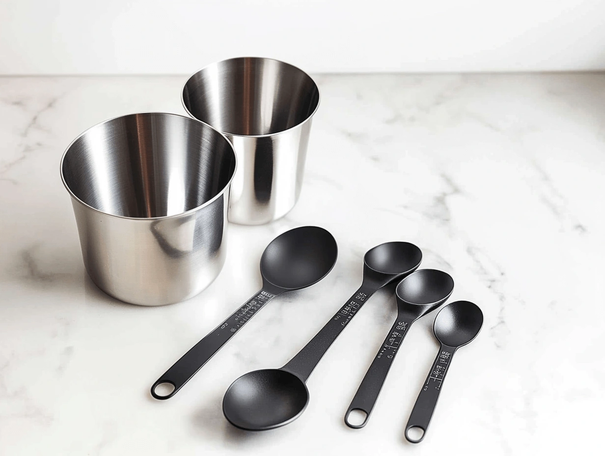 Stainless steel measuring cups and black measuring spoons neatly arranged on a white marble countertop, creating a clean and minimalistic kitchen scene.