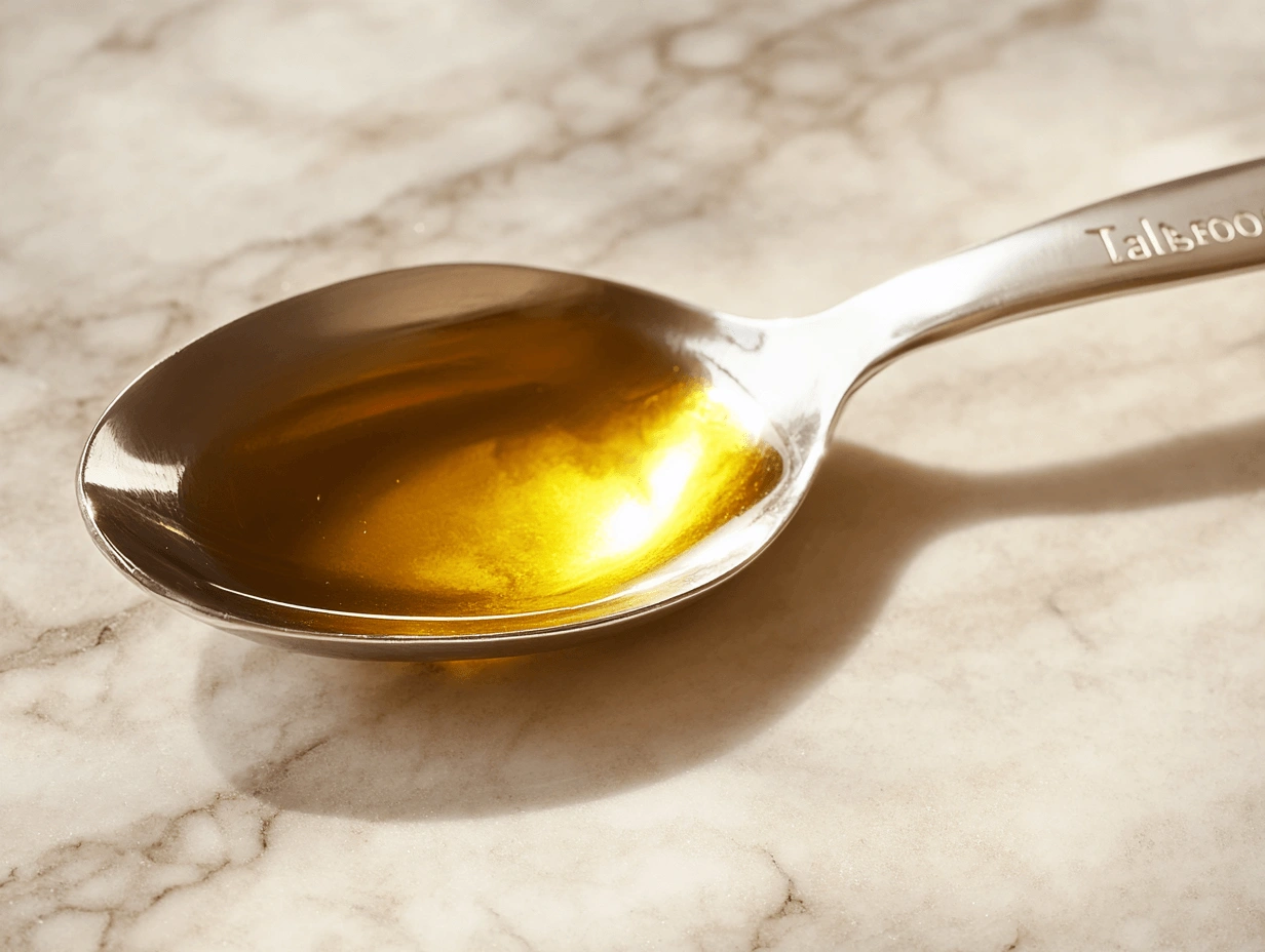 A close-up of a stainless steel tablespoon filled with golden oil, resting on a marble countertop with soft natural lighting.