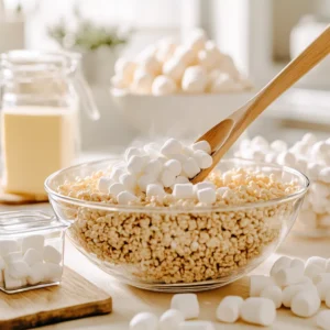 A bright kitchen setup featuring the process of making Rice Krispies Treats, including melted marshmallows in a saucepan and a measuring cup of cereal ready to mix.