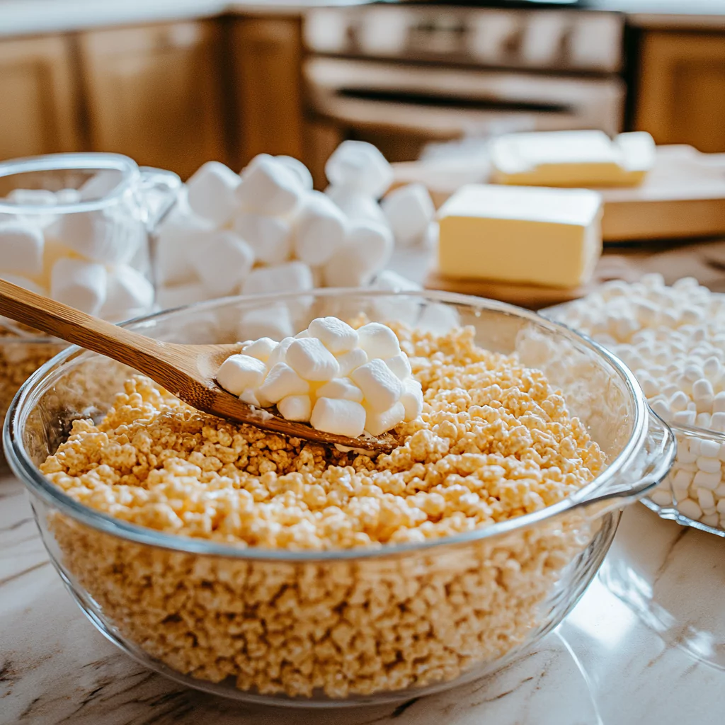 Rice Krispies Treats in preparation: A mixing bowl filled with melted marshmallows and butter, with a measuring cup of 6 cups of Rice Krispies cereal on a clean countertop.