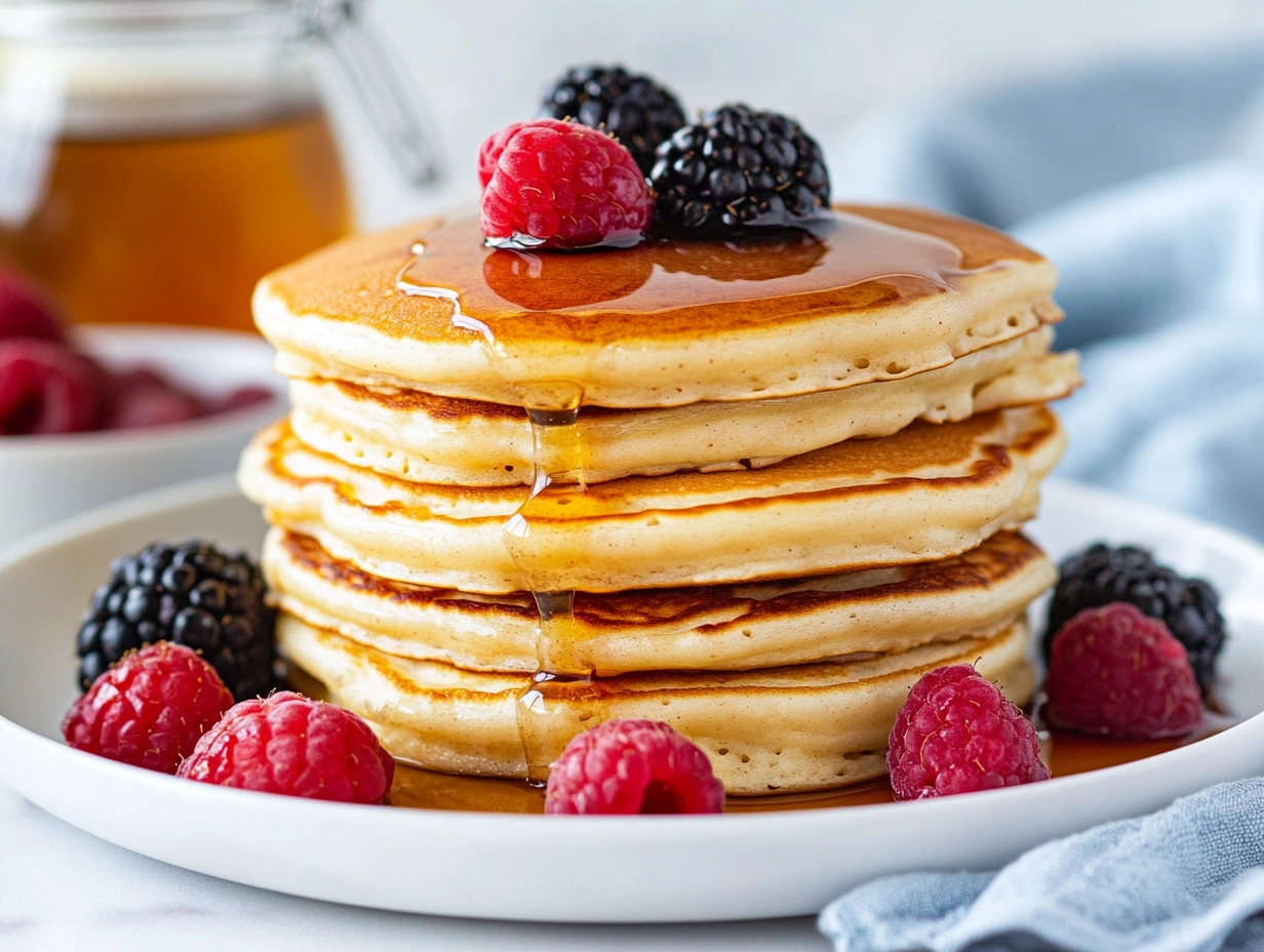 Close-up of fluffy mini pancakes arranged on a plate, accented by a bright red strawberry, with a rustic wooden surface and textured mauve cloth in the background.