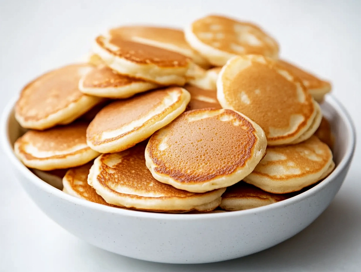 A plate filled with stacks of golden-brown mini pancakes, garnished with a fresh red strawberry, set on a wooden surface with a mauve cloth in the background.