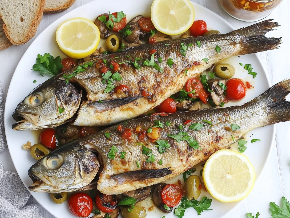 Two roasted branzino fish served with Mediterranean vegetables and garnished with lemon slices and fresh herbs.