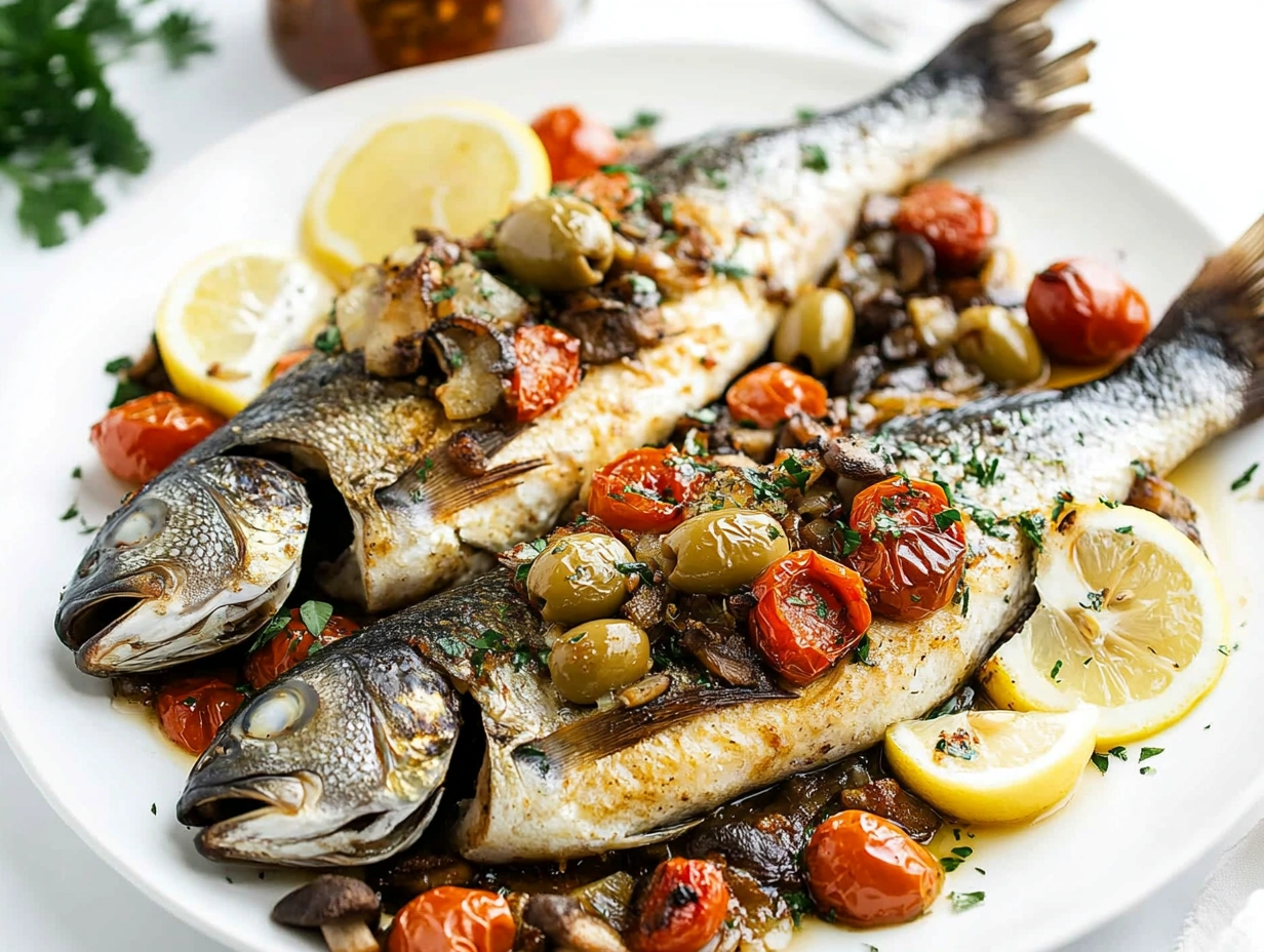 Branzino fish with sautéed cherry tomatoes and olives, garnished with parsley and lemon wedges.
