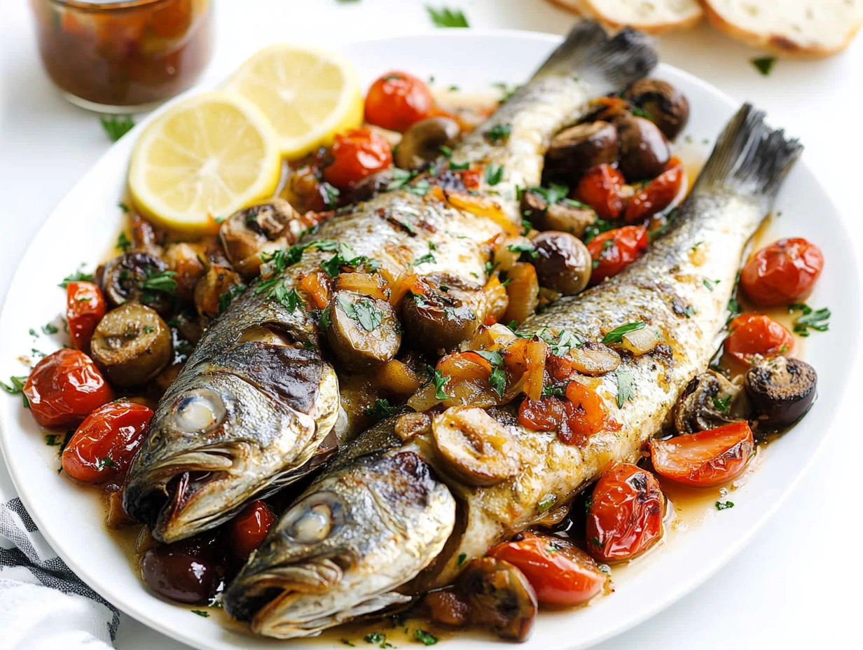 Overhead view of grilled branzino with sautéed vegetables and lemon wedges on a white plate.