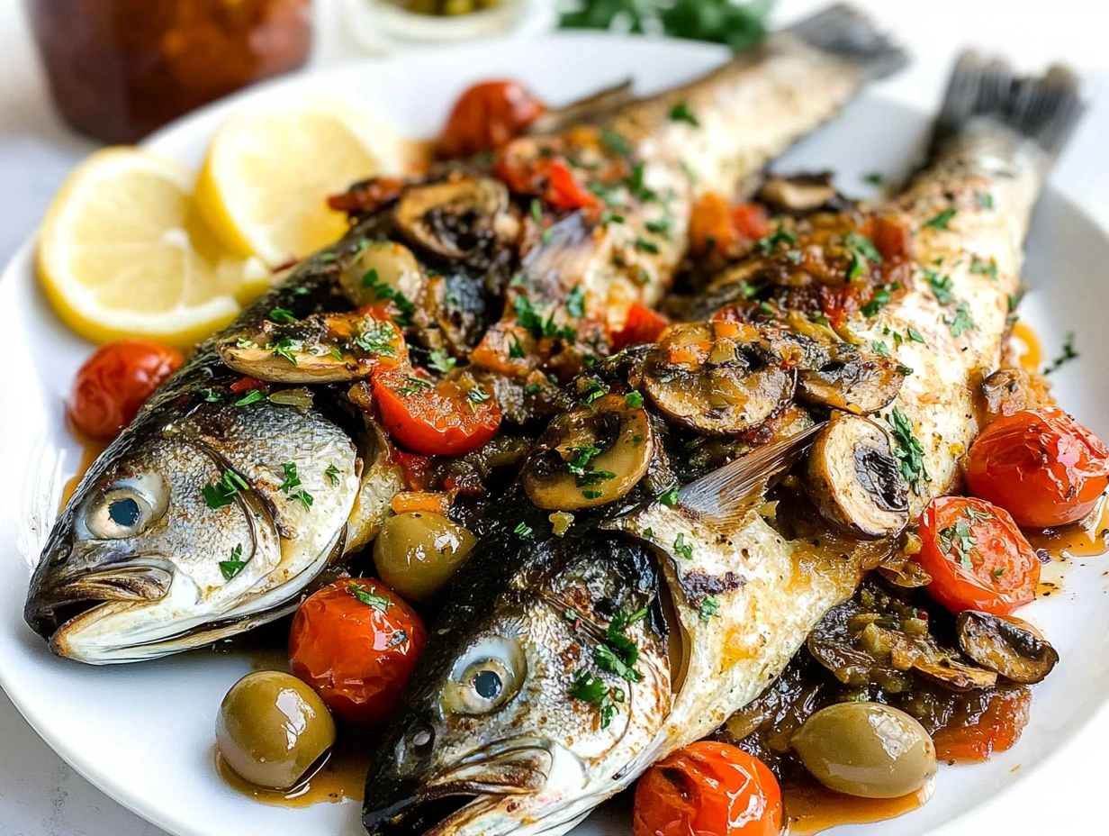 Two whole roasted branzino fish garnished with cherry tomatoes, olives, and mushrooms, served with lemon slices and sprinkled with parsley.