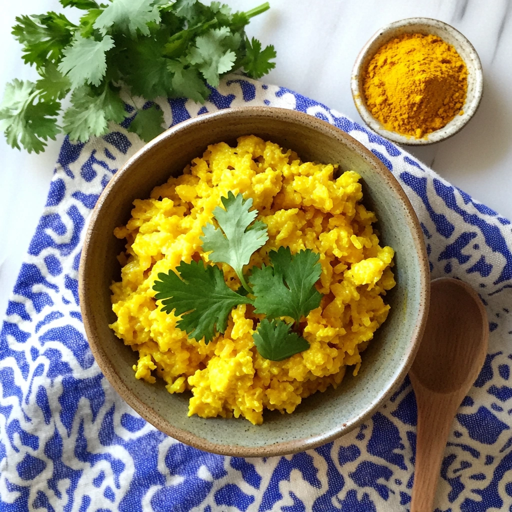 Close-up of yellow rice with cilantro, set on a table with a wooden spoon and turmeric spice for cooking.