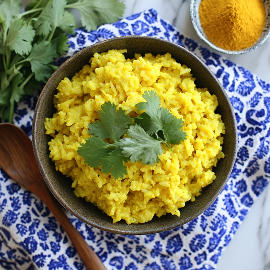 A bowl of fluffy yellow rice garnished with fresh cilantro, sitting on a patterned blue cloth, with a wooden spoon and a bowl of turmeric powder nearby.