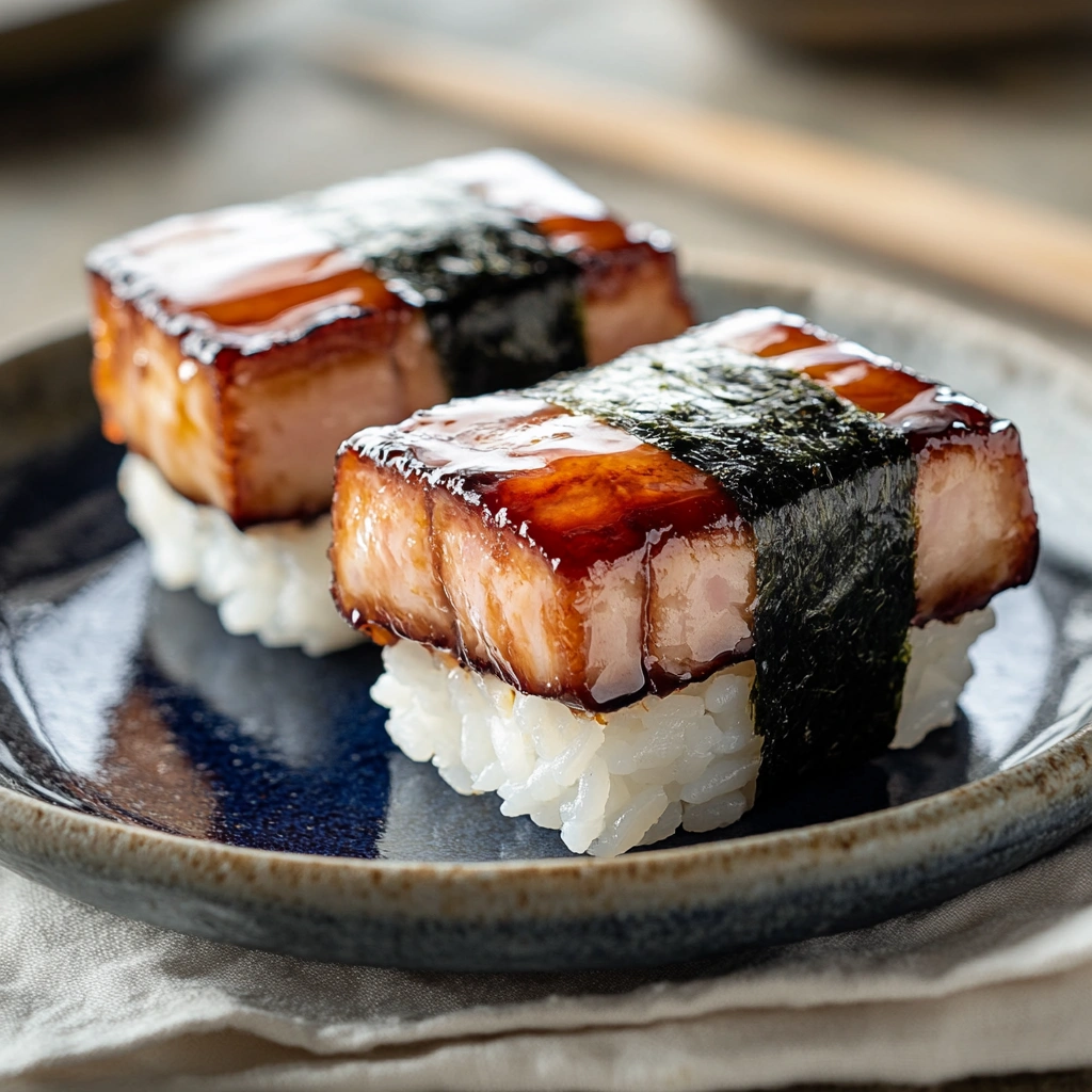 Spam musubi served with soy sauce and a sprinkle of furikake seasoning on a black slate plate.