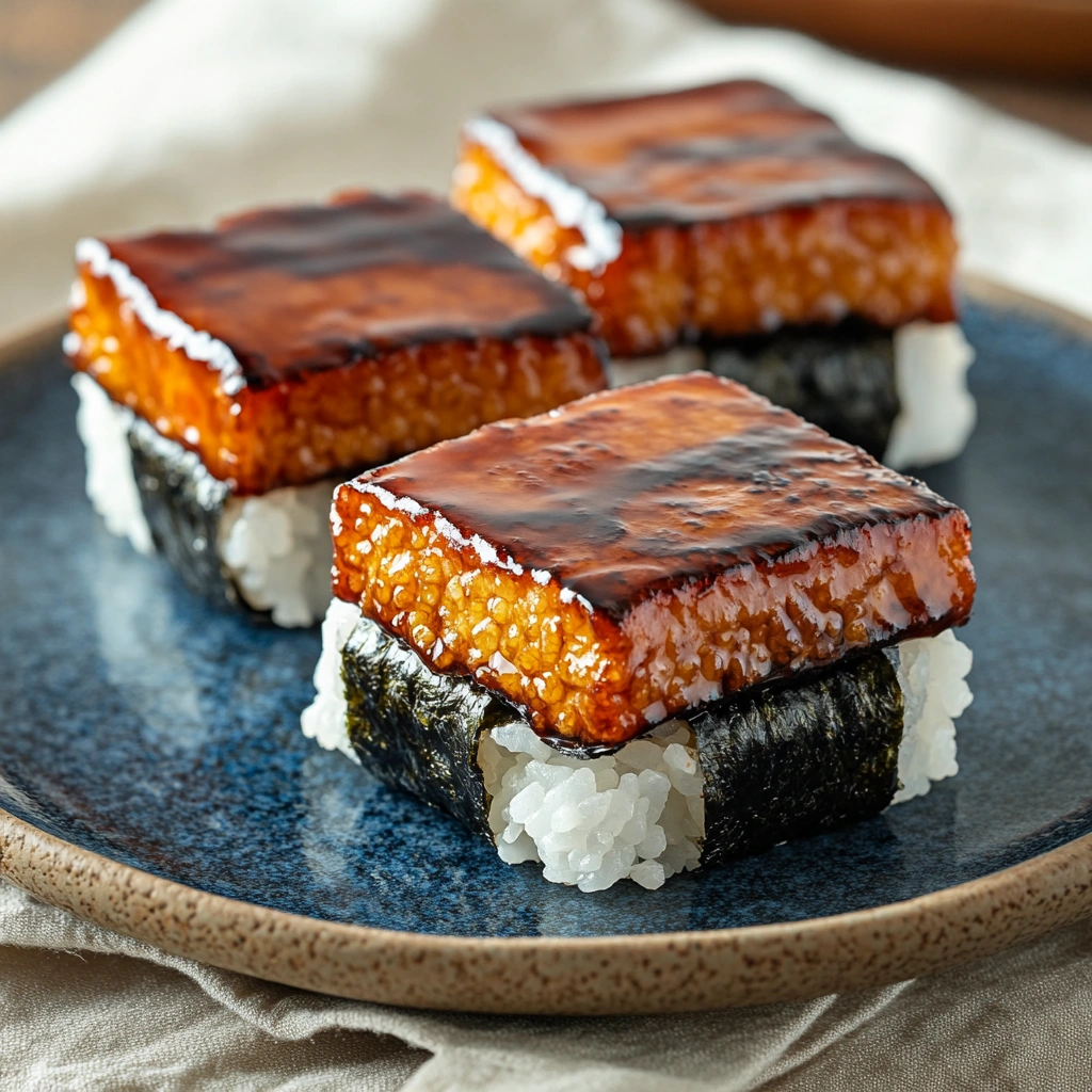 Spam musubi wrapped tightly with nori, showing a glossy sheen on the pan-fried Spam and rice.