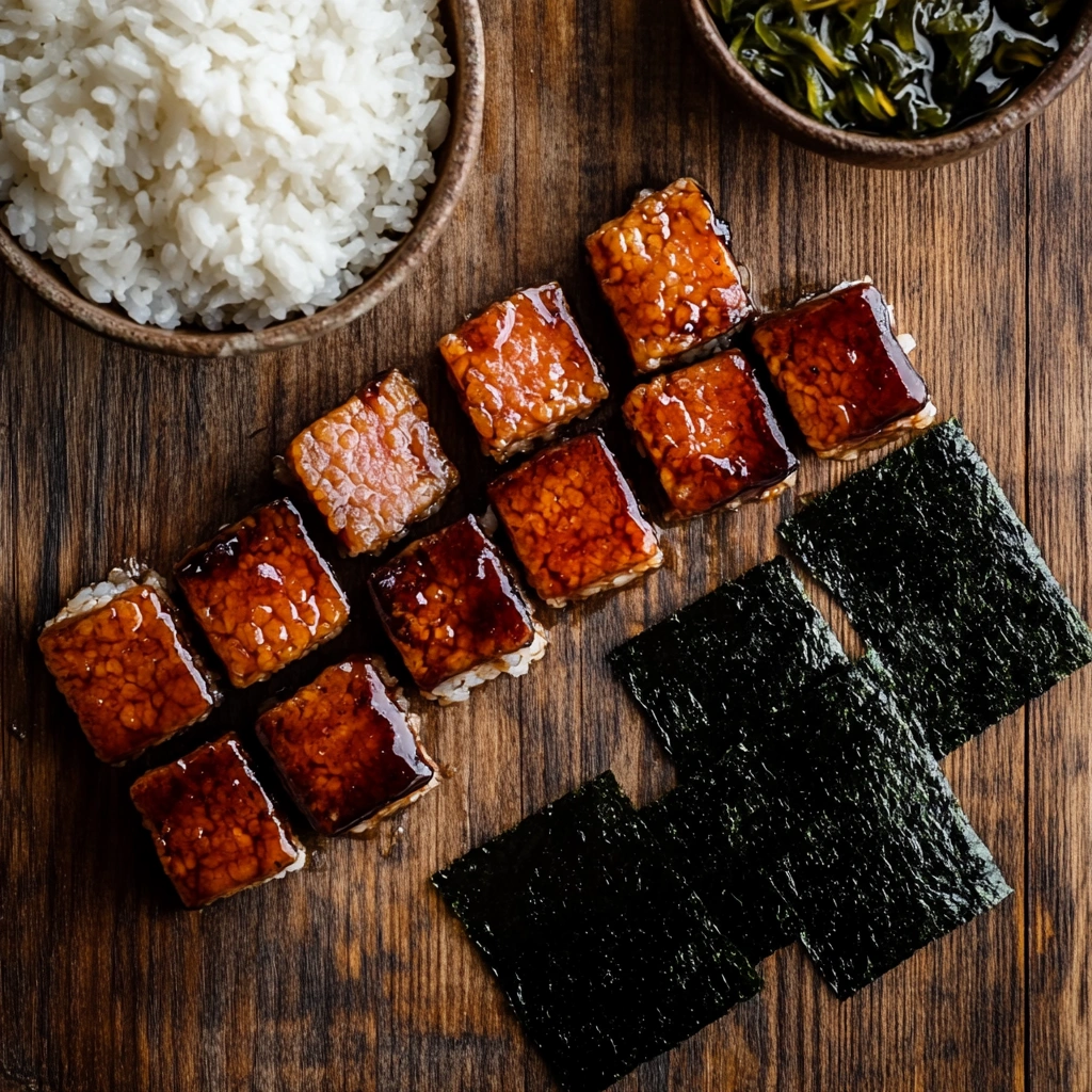 Stacked Spam musubi pieces on a white plate, showcasing layers of glazed Spam, rice, and nori.