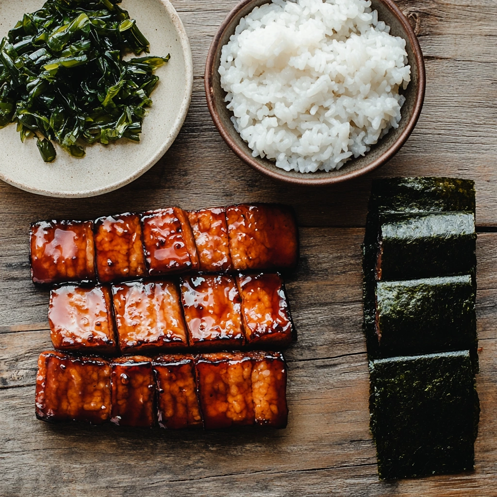 Ingredients for Spam musubi displayed on a wooden surface, including slices of pan-fried Spam, a bowl of sticky white rice, and sheets of dark nori seaweed.